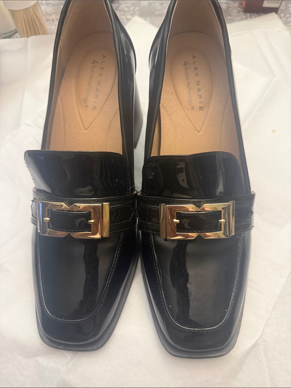 Alex Marie Black Patent Loafers with Gold Buckle Accent